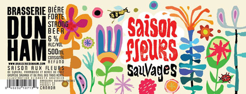 The Saison Fleurs Sauvages label. Each bottle label is designed by a different local artist. Image via brasseriedunham.com.